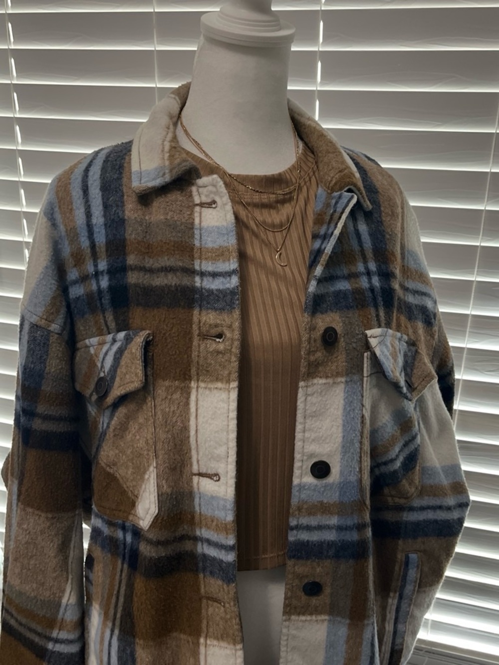 Zara Plaid Teddy Shacket in Brown, Navy & Cream